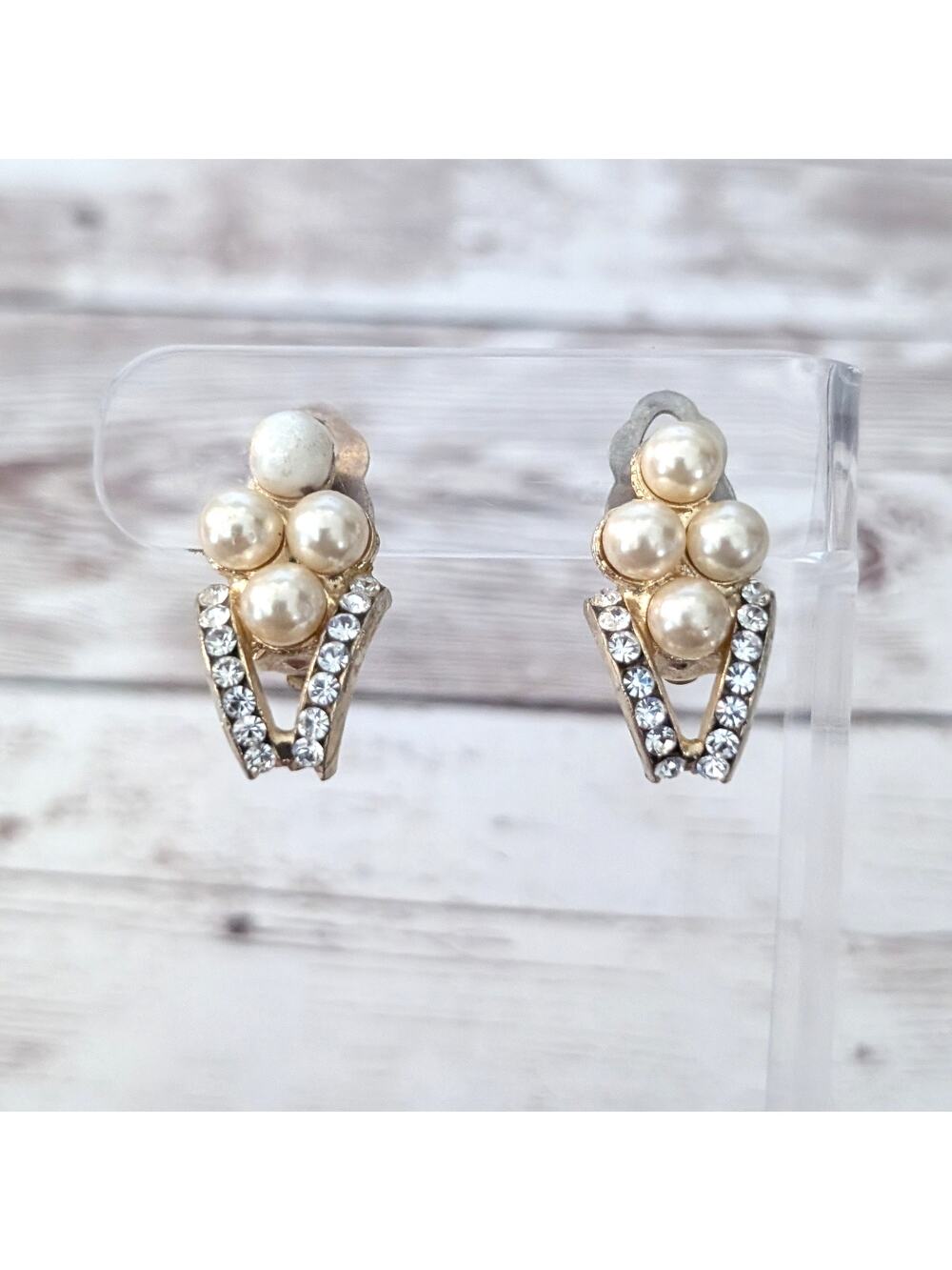Vintage Clip On Earrings Faux Pearls & Clear Gems - One Faux Pearl With Issues